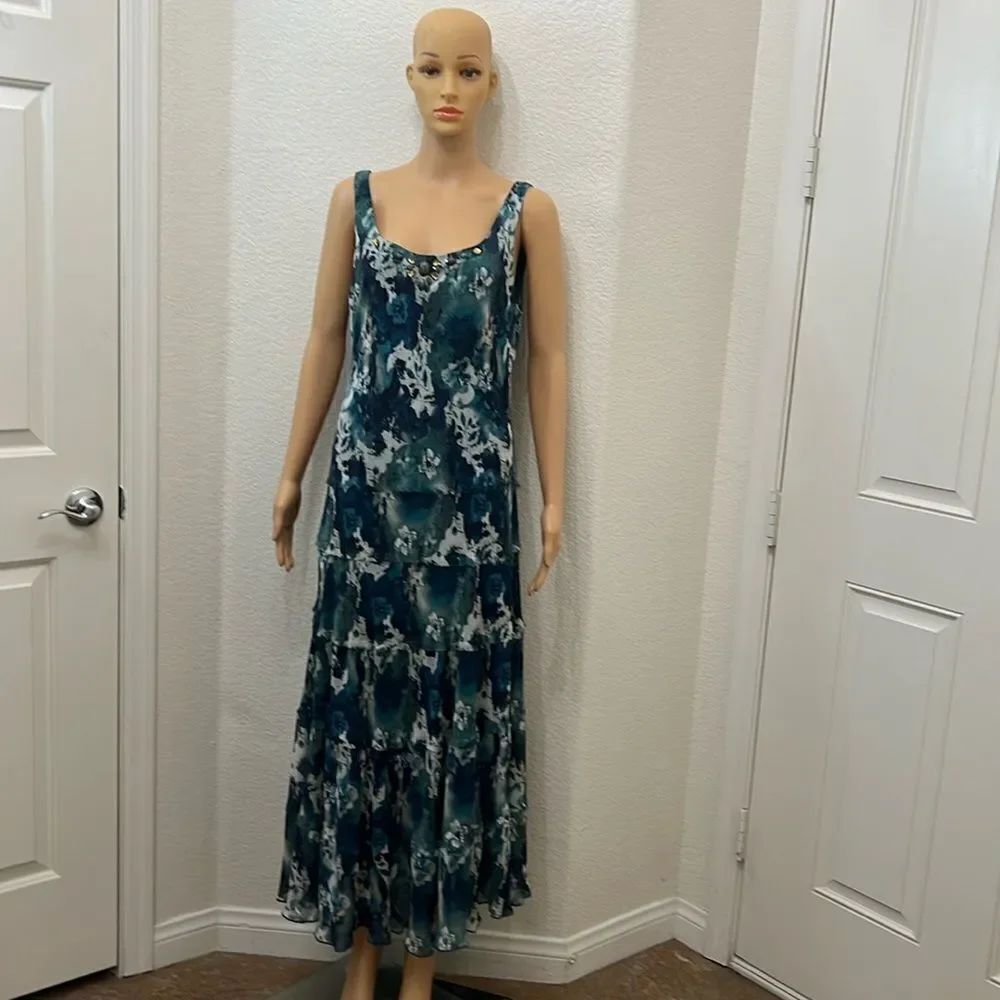 Christopher & Banks Dress Sz 14 Blue Green Scoop Neck Sleeveless Maxi Tiered